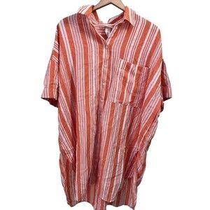 H&M X Lemlem Orange White Striped Oversized Shirt Dress Cover Up Size M/L